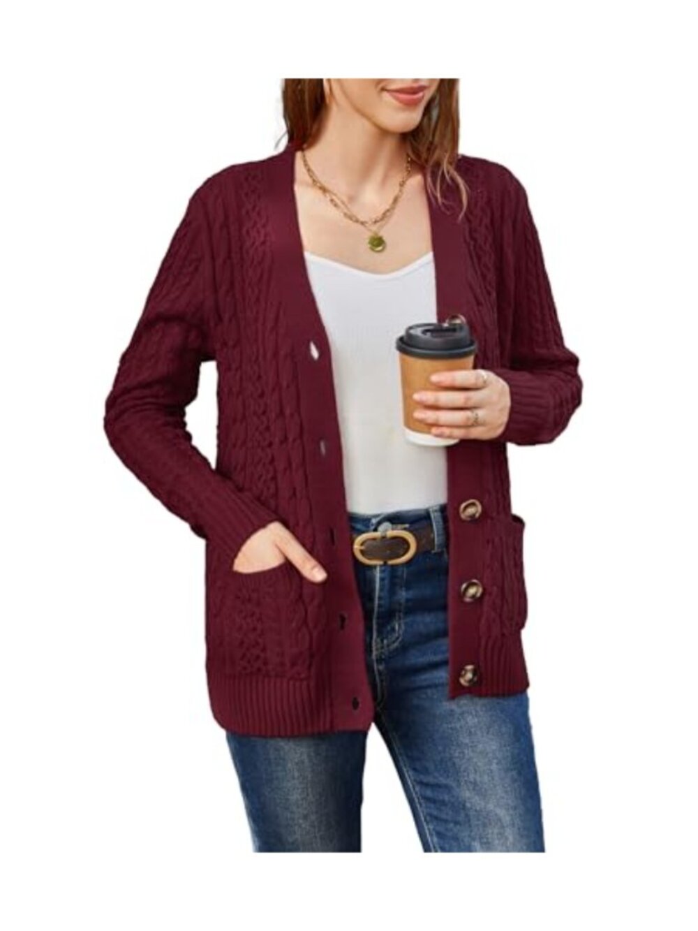 Womens Cable Knit Cardigan Sweater Chunky Open Front Button Down Pockets